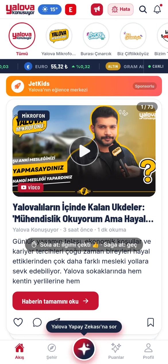 Yalova Konuşuyor App news feed with local stories, district channels and live exchange rates